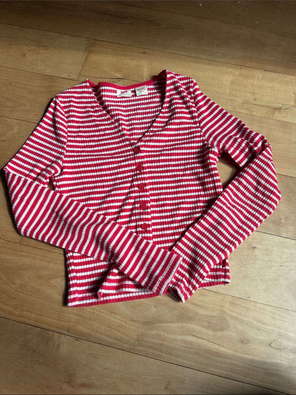 Levi's Red and White Striped Long Sleeve Ribbed Button Cardigan